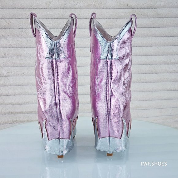 Show Off By Azalea Wang Silver Metallic Fold Over Western Wedge Ankle Boots - Picture 6 of 10